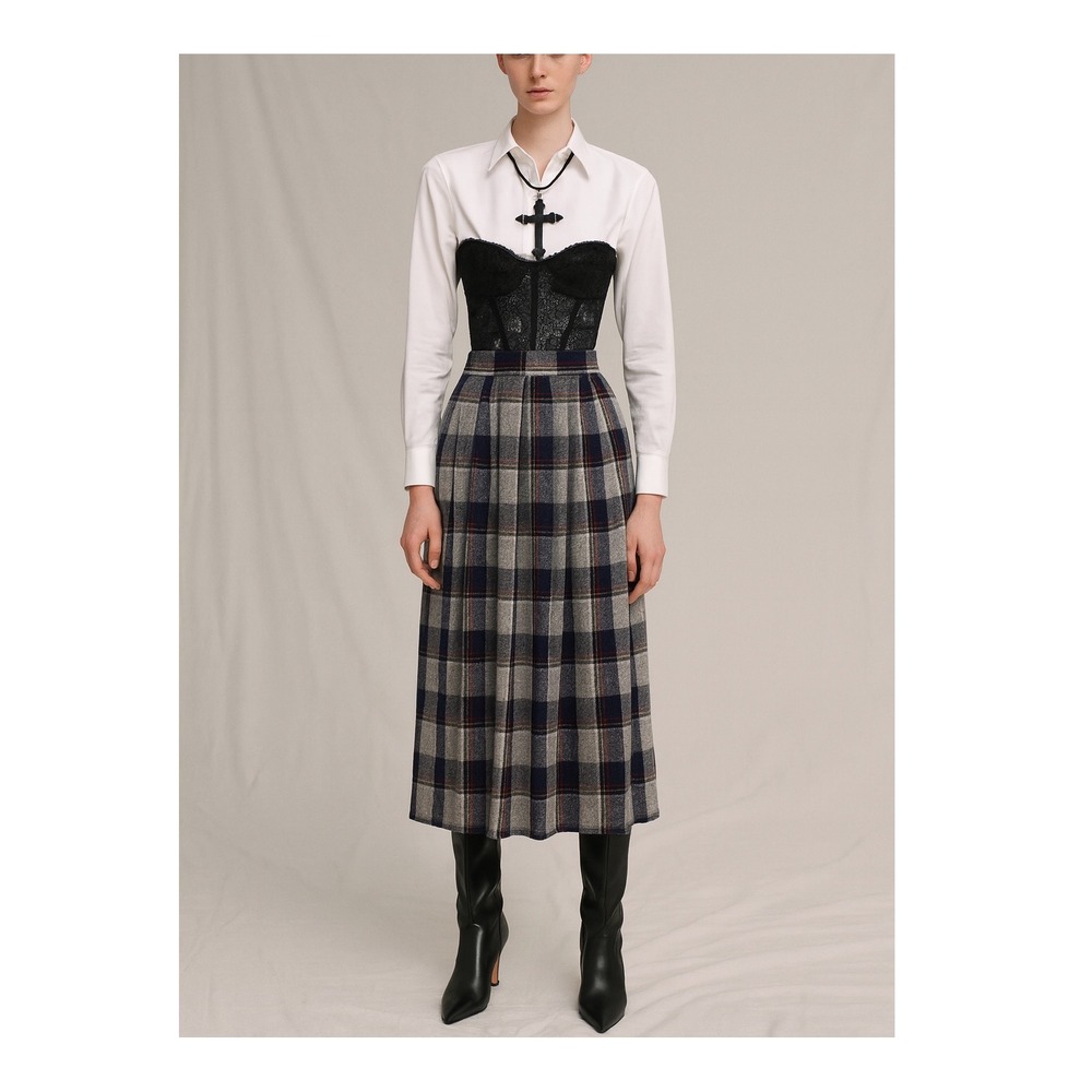 Vintage‎ Plaid Wool Blend Midi Skirt Women's XS Dark Academia Grunge Preppy